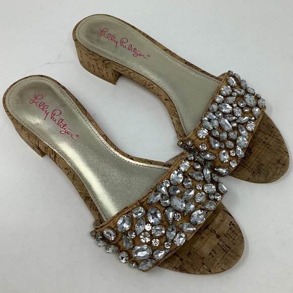 Lilly Pulitzer Trish Crystal Slide Sandals 7 heeled sparkly cork Natural - Picture 3 of 7